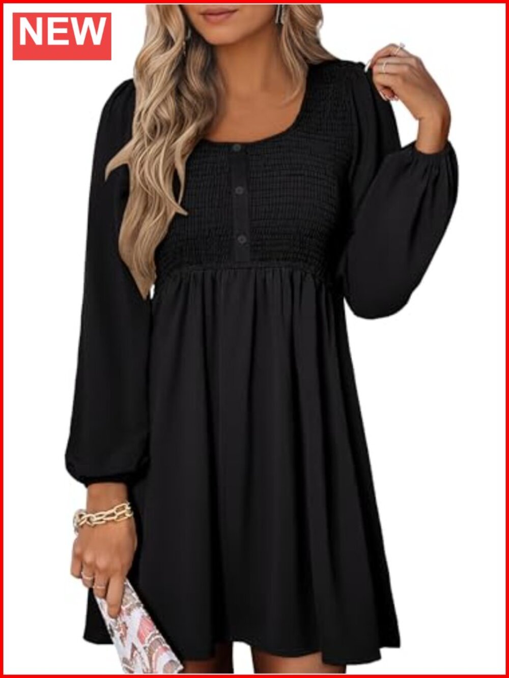 Women's Long Sleeve Babydoll Dress Smocked High Waist Fall Casual Midi